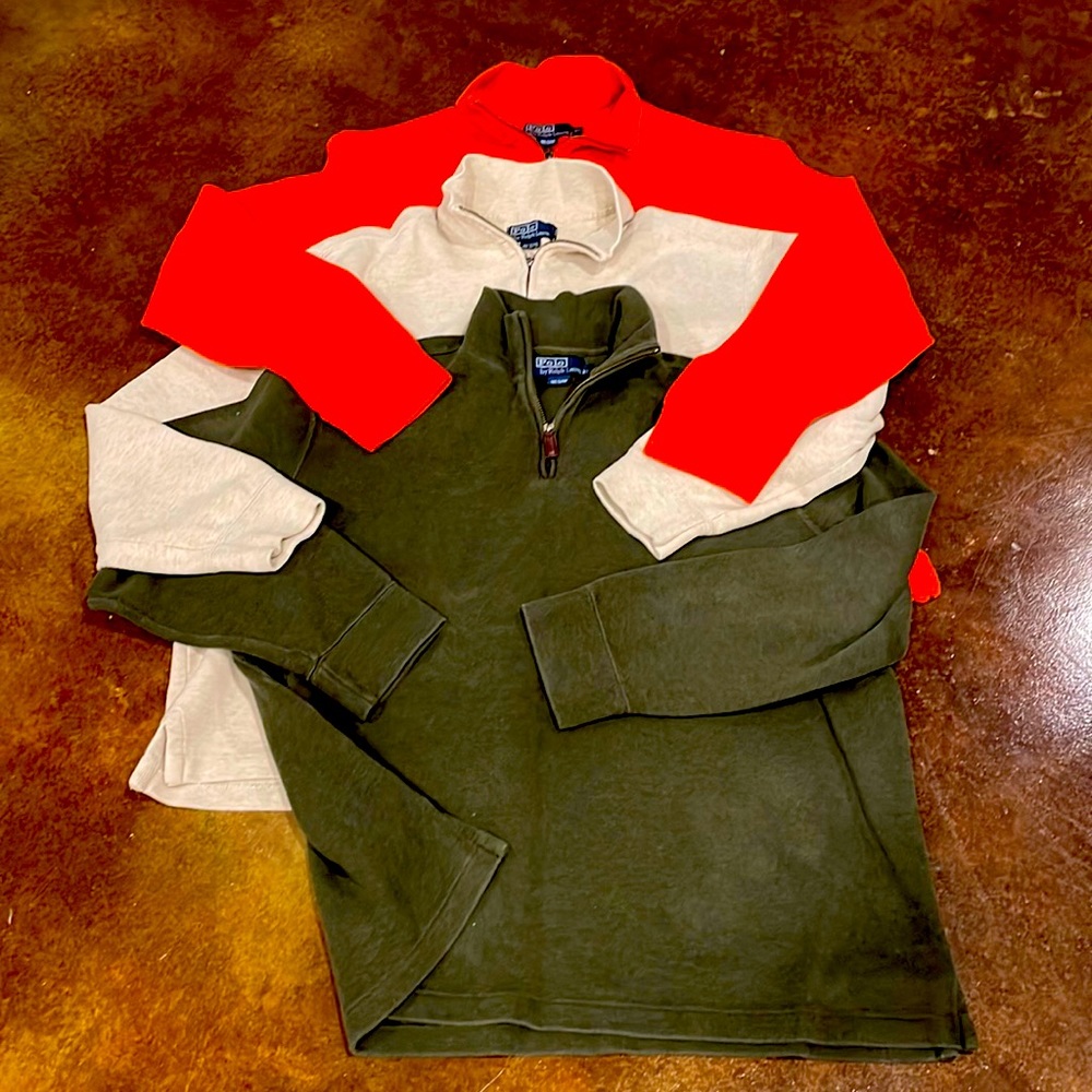 3 Polo pullover/quarter zip sweaters. Size XL, great pre-owned condition.